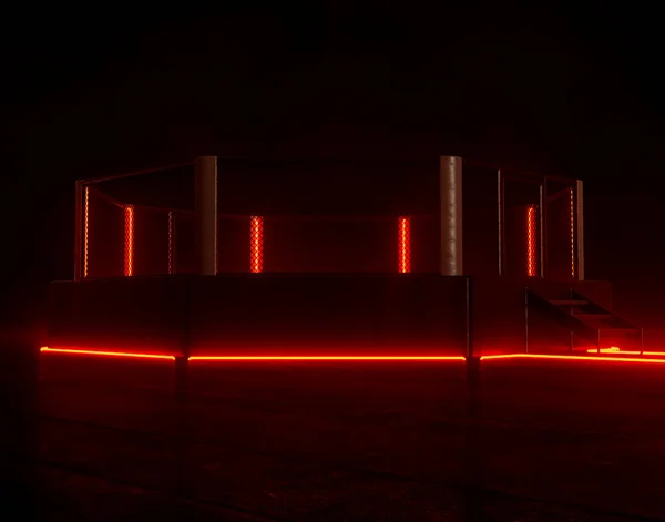 暗い隔離された背景に赤いネオンライトで照らされたMma八角形リングの未来的なサイバーパンクの概念 3Dレンダリング — ストック写真