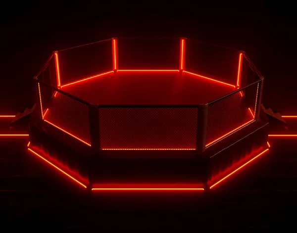 Concetto Cyberpunk Futurista Anello Ottagonale Mma Illuminato Luci Neon Rosse — Foto Stock