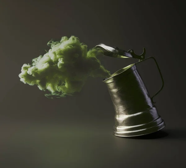 孤立した背景に緑の蒸気の雲を破裂させるように見えるアニメーションヴィンテージ飲料タンクの概念 3Dレンダリング — ストック写真