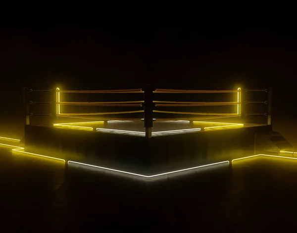 A futurist cyberpunk concept of a wrestling ring lit by illuminated yellow neon lights on a dark isolated background - 3D render