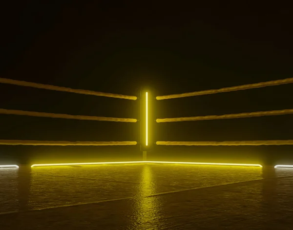 A futurist cyberpunk concept of a wrestling ring lit by illuminated yellow neon lights on a dark isolated background - 3D render