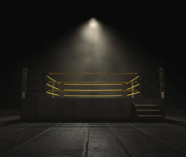 一个现代摔跤圈 黄色的绳子聚焦在黑暗和不祥的孤立的背景上 3D渲染 — 图库照片