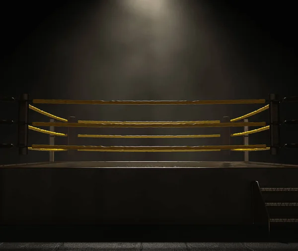 Moderní Wrestlingový Kroužek Žlutými Provazy Osvětlenými Tmavém Zlověstném Izolovaném Pozadí — Stock fotografie
