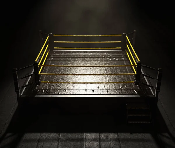 Modern Wrestling Ring Yellow Ropes Spotlit Dark Ominous Isolated Background — Stock Photo, Image