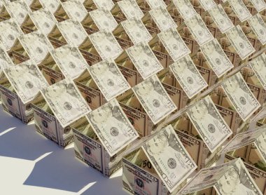 ABD dolar banknotları kavramı, izole edilmiş arka planda basit ev kütleleri şeklinde katlanır.