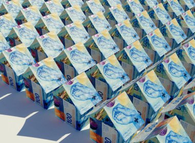 Bir franc banknotları kavramı izole bir arka planda basit ev kütleleri şeklinde katlanır - 3D render