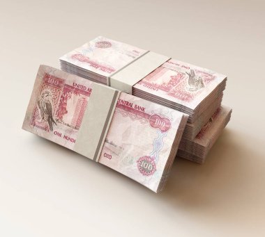 İzole edilmiş ışık arkaplanı üzerine bir deste BAE Dirham banknotları - 3D görüntüleme