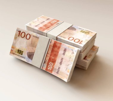 İzole edilmiş ışık arkaplanı üzerine yığılmış Norveç kron banknotları - 3D görüntüleme