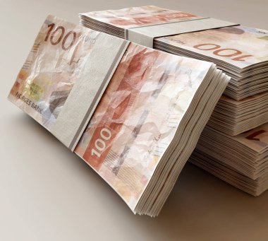 İzole edilmiş ışık arkaplanı üzerine yığılmış Norveç kron banknotları - 3D görüntüleme