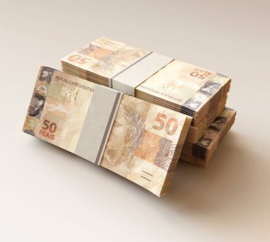 İzole edilmiş ışık arkaplanı üzerine bir yığın Brezilya gerçek banknotları - 3D görüntüleme