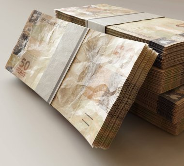 İzole edilmiş ışık arkaplanı üzerine bir yığın Brezilya gerçek banknotları - 3D görüntüleme
