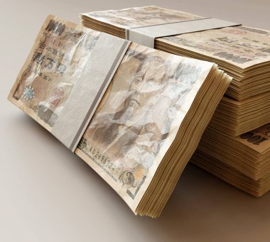 Bir deste Japon yen banknotları izole ışık arka planı - 3D görüntüleme