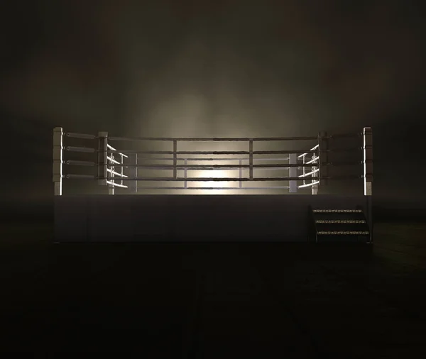 一个现代的拳击台 蓝色和红色的角落在黑暗和不祥的孤立背景下被明亮的聚光灯照亮 3D渲染 — 图库照片