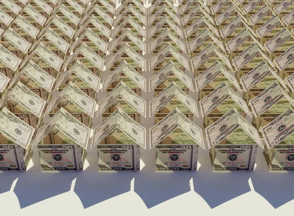 Koncepció Amerikai Dollár Bankjegyek Hajtogatott Formájában Egy Tömeg Egyszerű Házak — Stock Fotó