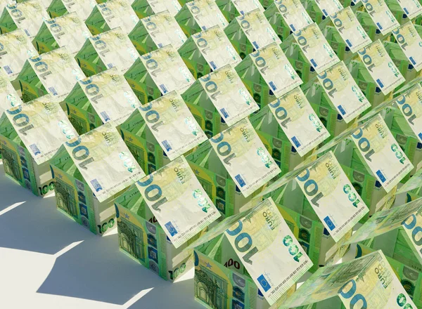 Έννοια Των Τραπεζογραμματίων Ευρώ Διπλωμένη Σχήμα Μάζας Απλών Σπιτιών Απομονωμένο — Φωτογραφία Αρχείου