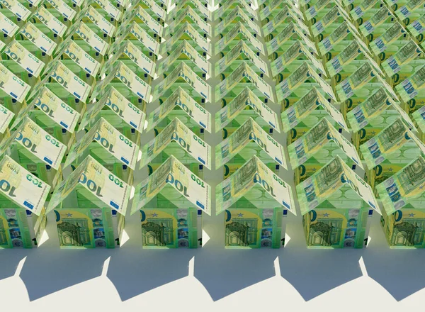 欧元纸币的概念被折叠成一堆孤立背景下的简朴房屋 3D渲染 — 图库照片