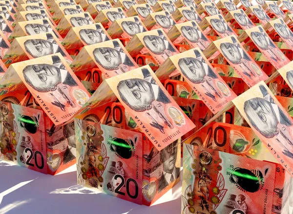 澳大利亚元钞票的概念 在孤立的背景下折叠成一大堆简朴房屋的形状 3D渲染 — 图库照片