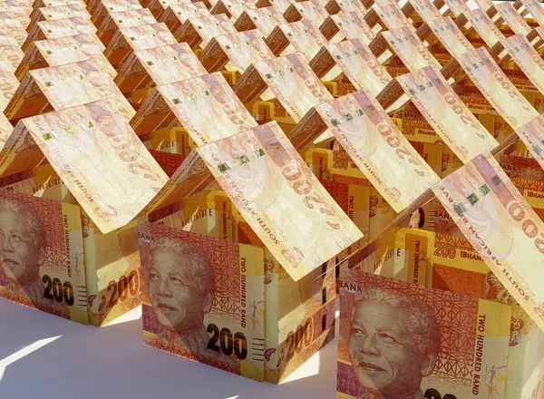 Koncepcja Banknotów Rand Złożonych Kształt Masy Prostych Domów Odosobnionym Tle — Zdjęcie stockowe