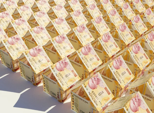 ルピーの銀行券の概念は 孤立した背景にある単純な家の塊の形に折り畳まれています 3Dレンダリング — ストック写真