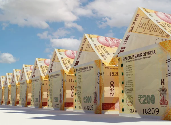 ルピーの銀行券の概念は 孤立した背景にある単純な家の塊の形に折り畳まれています 3Dレンダリング — ストック写真