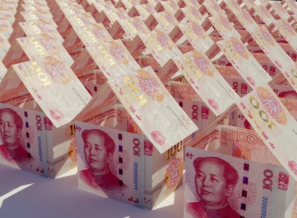 Conceito Notas Banco Yuan Dobrado Forma Uma Massa Casas Simples — Fotografia de Stock
