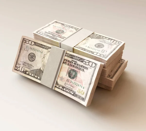 独立光线背景下的一叠捆美元钞票 3D渲染 — 图库照片