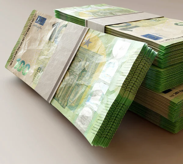 在孤立的浅色背景下堆叠成堆的欧元钞票 3D渲染 — 图库照片