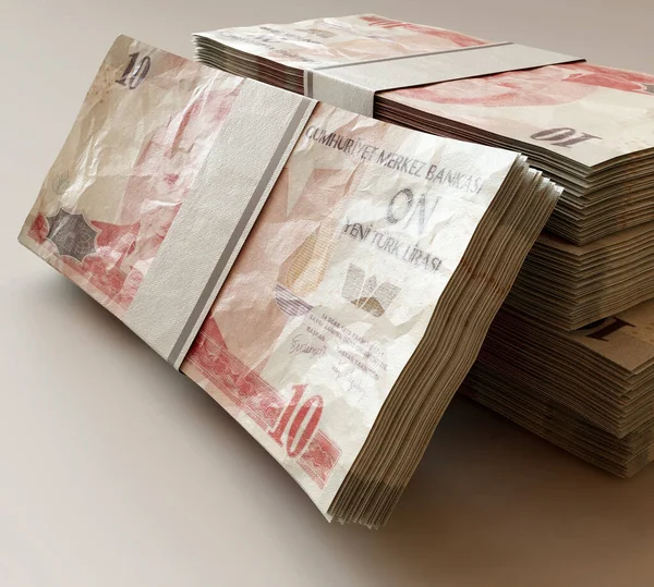 Een Stapel Gebundelde Turkse Lira Bankbiljetten Een Geïsoleerde Lichtachtergrond Render — Stockfoto