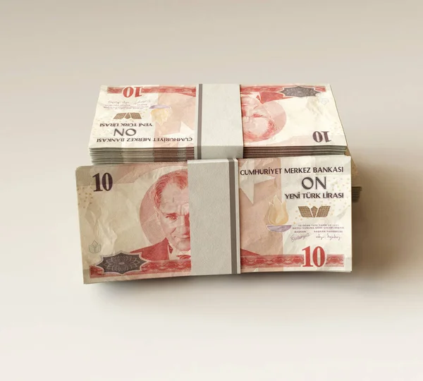 Ein Stapel Gebündelter Türkischer Lira Banknoten Auf Isoliertem Hellen Hintergrund — Stockfoto