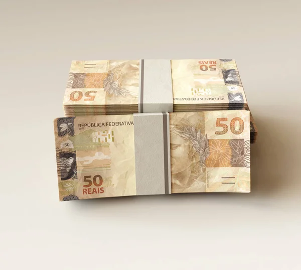 Egy Halom Csomagolt Brazil Valódi Bankjegy Izolált Fényháttérrel Render — Stock Fotó