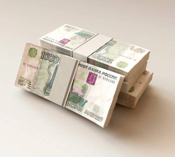 Uma Pilha Notas Rublo Russas Empacotadas Fundo Luz Isolado Renderização — Fotografia de Stock