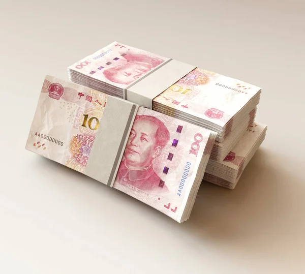 Uma Pilha Notas Yuan Chinesas Empacotadas Fundo Luz Isolado Renderização — Fotografia de Stock