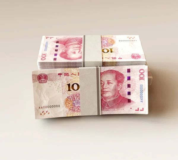 Stack Bundled Chinese Yuan Banknotes Isolated Light Background Render — Stock Photo, Image
