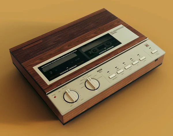 A vintage analogue answering machine from the 80\'s made of wood and chrome on an isolated mustard yellow background - 3D render