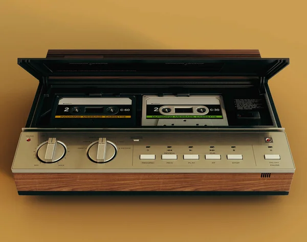 A vintage analogue answering machine from the 80\'s made of wood and chrome on an isolated mustard yellow background - 3D render
