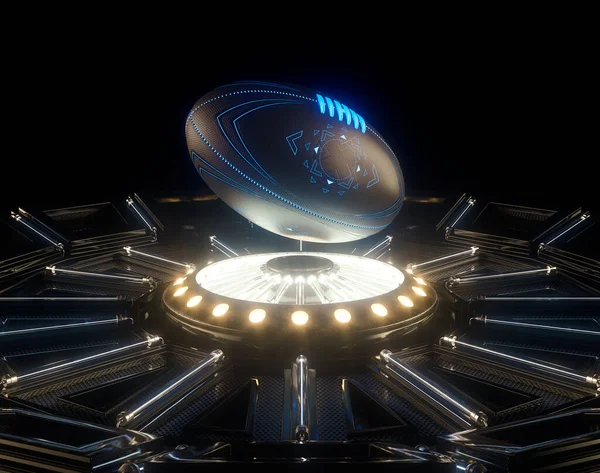 一种带有霓虹灯标记的球体在未来派霓虹灯舞台上方漂浮的未来派体育概念 3D渲染 — 图库照片