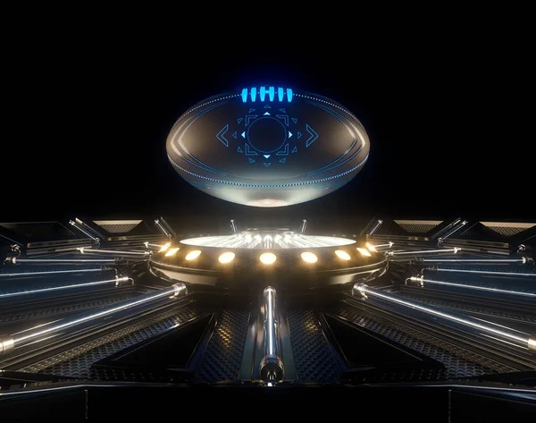 一种带有霓虹灯标记的球体在未来派霓虹灯舞台上方漂浮的未来派体育概念 3D渲染 — 图库照片
