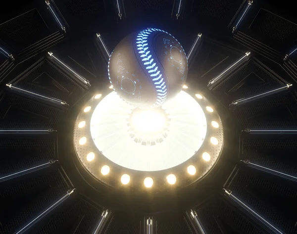 未来的なネオンステージの上にネオンマークが浮かぶ野球ボールの未来的なスポーツコンセプト 3Dレンダリング — ストック写真