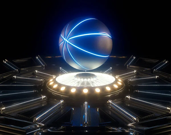 未来的なネオンステージの上にネオンマークが浮かぶバスケットボールボールの未来的なスポーツコンセプト 3Dレンダリング — ストック写真