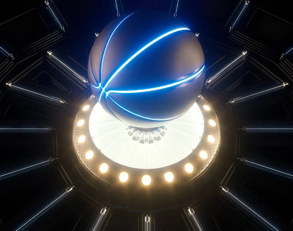 篮球运动的一个未来主义的概念 带有霓虹灯标记的篮球运动在一个未来主义的霓虹灯舞台之上漂浮 3D渲染 — 图库照片