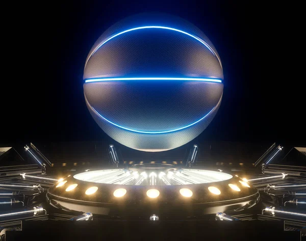 Futurisztikus Sport Koncepció Kosárlabda Világított Neon Jelölések Felett Lebegő Futurisztikus — Stock Fotó