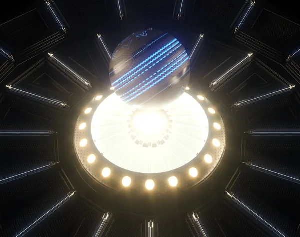 一种具有霓虹灯标记的板球球在未来派霓虹灯舞台上方飘扬的未来派体育概念 3D渲染 — 图库照片