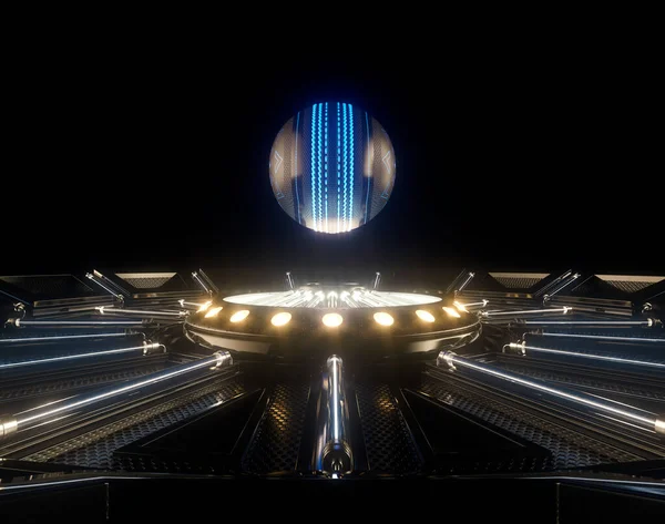 Ein Futuristisches Sportkonzept Eines Cricketballs Beleuchtet Mit Leuchtmarken Schwebt Über — Stockfoto