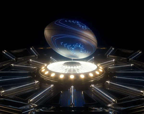 Ett Futuristiskt Idrottskoncept Rugbyboll Upplyst Med Neonmarkeringar Som Flyter Ovanför — Stockfoto