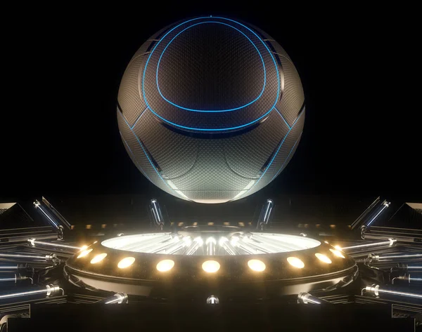 サッカーやサッカーボールの未来的なスポーツのコンセプトは ネオンマークが未来的なネオンステージの上に浮かんで点灯 3Dレンダリング — ストック写真
