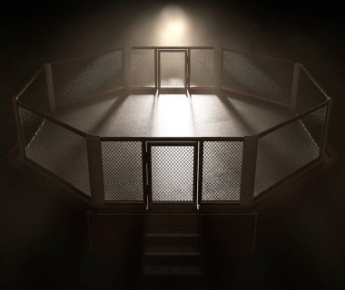 Karanlık ve uğursuz izole bir arkaplanda parlak bir spot ışığıyla aydınlatılan modern bir MMA halkası - 3D görüntüleme