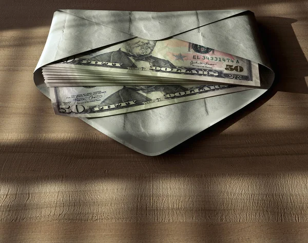 Spreading Pile Dollar Banknotes Envelope Wooden Surface Moody Lighting Render — Stock Photo, Image