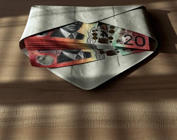 Roztažená Hromada Australských Dolarových Bankovek Obálce Dřevěném Povrchu Pod Náladovým — Stock fotografie