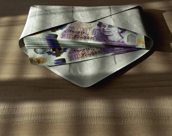 Een Verspreidende Stapel Van Pond Bankbiljetten Een Envelop Een Houten — Stockfoto