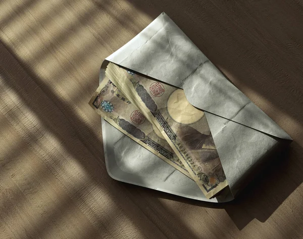 Rozłożysty Stos Banknotów Jenowych Kopercie Drewnianej Powierzchni Pod Humorzastym Oświetleniem — Zdjęcie stockowe